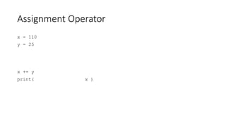 Assignment Operator
x = 110
y = 25
x += y
print( x )
 