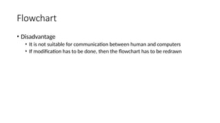 Flowchart
• Disadvantage
• It is not suitable for communication between human and computers
• If modification has to be done, then the flowchart has to be redrawn
 