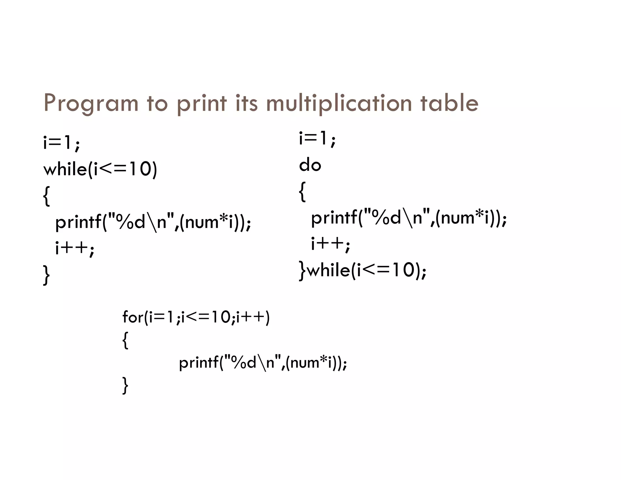 Program to print its multiplication table
i=1;
while(i<=10)
{
printf("%dn",(num*i));
i++;
i=1;
do
{
printf("%dn",(num*i));
i++;
i++;
}
i++;
}while(i<=10);
for(i=1;i<=10;i++)
{
printf("%dn",(num*i));
}
 