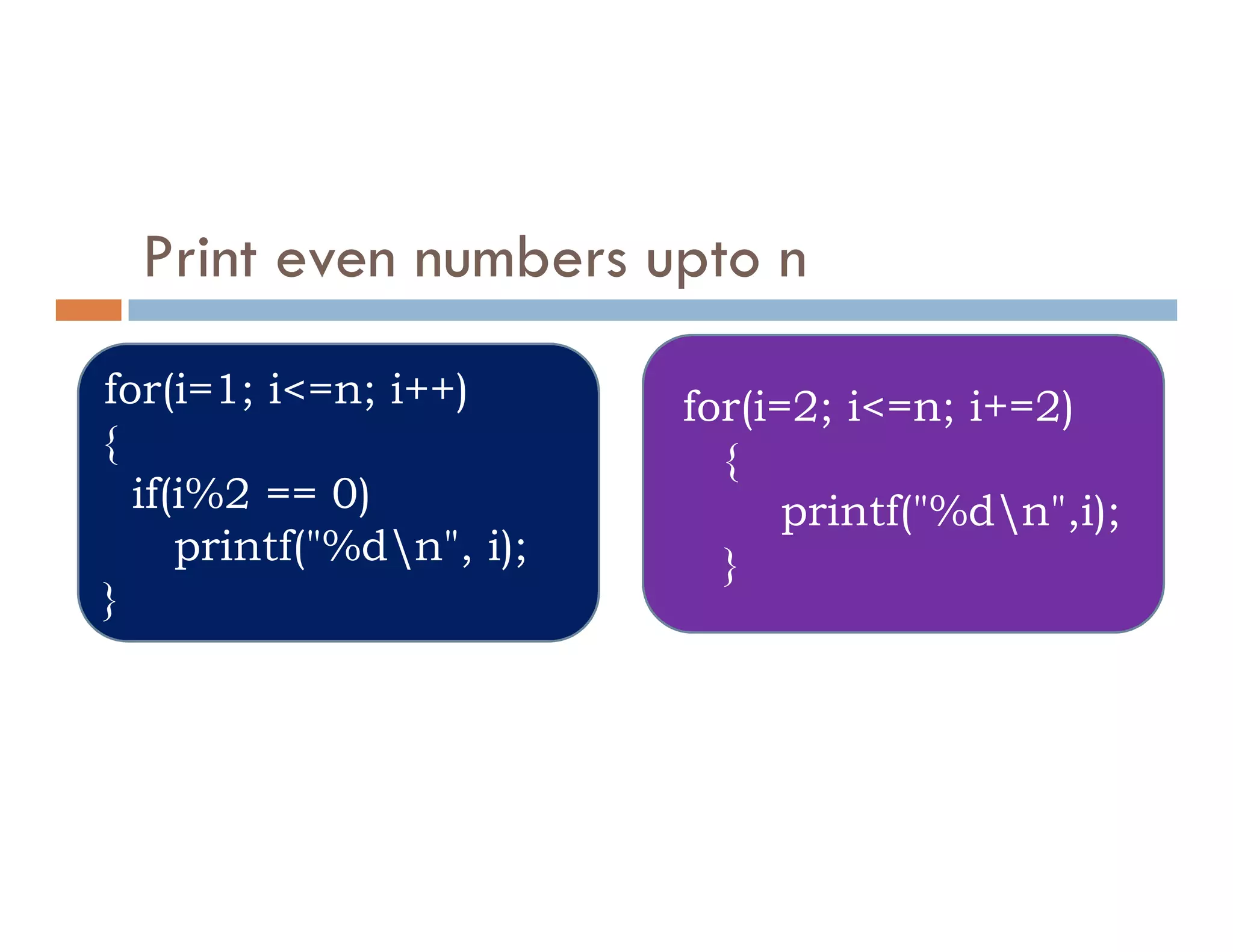 Print even numbers upto n
for(i=1; i<=n; i++)
{
if(i%2 == 0)
for(i=2; i<=n; i+=2)
{
if(i%2 == 0)
printf("%dn", i);
}
{
printf("%dn",i);
}
 