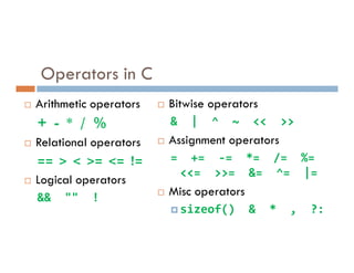 Operators in C
 Arithmetic operators
+ - * / %
Relational operators
 Bitwise operators
& | ^ ~ << >>
Assignment operators
 Relational operators
== > < >= <= !=
 Logical operators
&& "" !
 Assignment operators
= += -= *= /= %=
<<= >>= &= ^= |=
 Misc operators
sizeof() & * , ?:
 