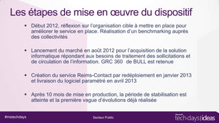 Les étapes de mise en œuvre du dispositif
 Début 2012, réflexion sur l’organisation cible à mettre en place pour
améliorer le service en place. Réalisation d’un benchmarking auprès
des collectivités
 Lancement du marché en août 2012 pour l’acquisition de la solution
informatique répondant aux besoins de traitement des sollicitations et
de circulation de l’information. GRC 360 de BULL est retenue
 Création du service Reims-Contact par redéploiement en janvier 2013
et livraison du logiciel paramétré en avril 2013

 Après 10 mois de mise en production, la période de stabilisation est
atteinte et la première vague d’évolutions déjà réalisée
#mstechdays

Secteur Public

 