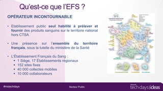 Qu’est-ce que l’EFS ?
OPÉRATEUR INCONTOURNABLE
• Etablissement public seul habilité à prélever et
fournir des produits sanguins sur le territoire national
hors CTSA
• Une présence sur l’ensemble du territoire
français, sous la tutelle du ministère de la Santé
• L’Établissement Français du Sang :
 1 Siège, 17 Établissements régionaux
 152 sites fixes
 40 000 collectes mobiles
 10 000 collaborateurs

#mstechdays

Secteur Public

 