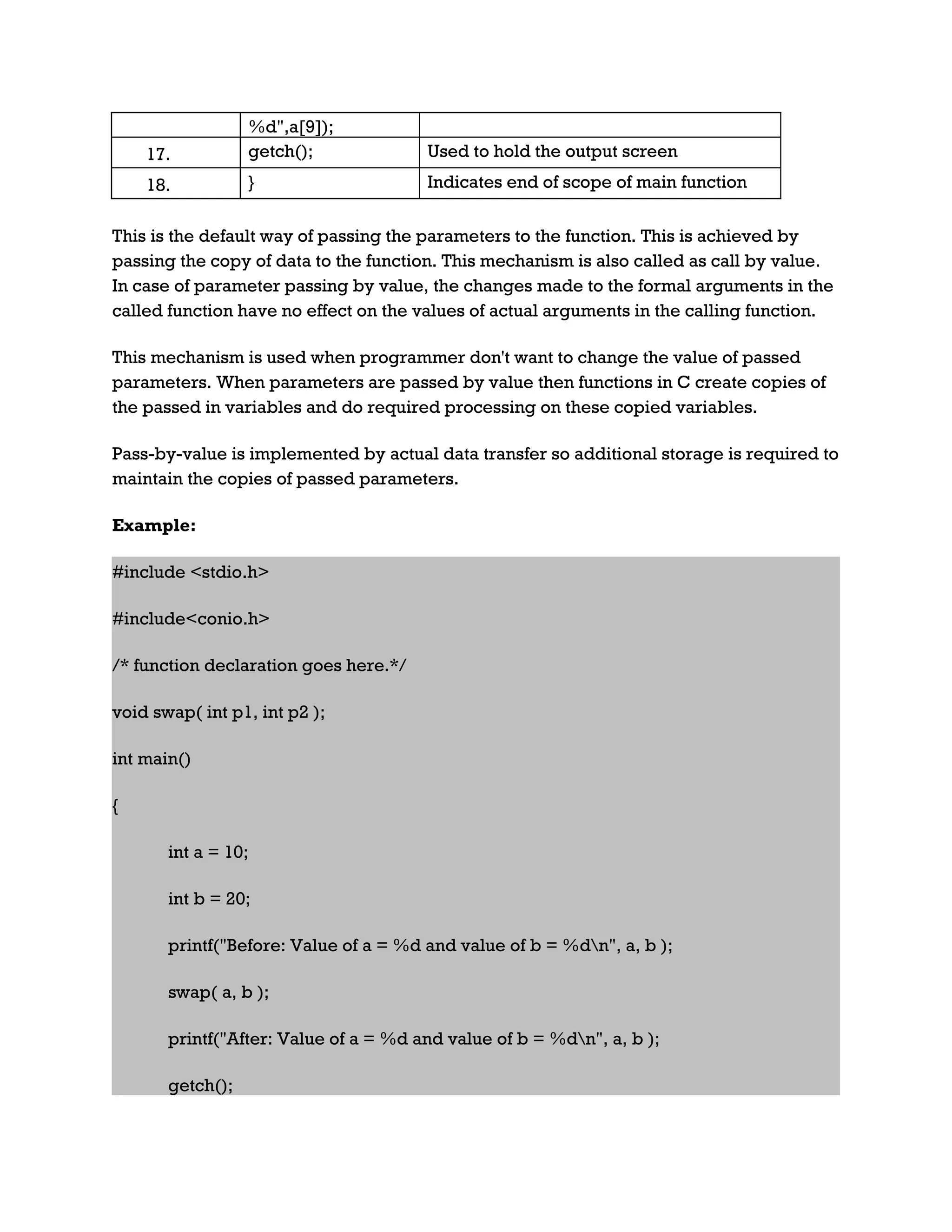 %d",a[9]); 17. getch(); Used to hold the output screen 18. } Indicates end of scope of main function This is the default way of passing the parameters to the function. This is achieved by passing the copy of data to the function. This mechanism is also called as call by value. In case of parameter passing by value, the changes made to the formal arguments in the called function have no effect on the values of actual arguments in the calling function. This mechanism is used when programmer don't want to change the value of passed parameters. When parameters are passed by value then functions in C create copies of the passed in variables and do required processing on these copied variables. Pass-by-value is implemented by actual data transfer so additional storage is required to maintain the copies of passed parameters. Example: #include <stdio.h> #include<conio.h> /* function declaration goes here.*/ void swap( int p1, int p2 ); int main() { int a = 10; int b = 20; printf("Before: Value of a = %d and value of b = %dn", a, b ); swap( a, b ); printf("After: Value of a = %d and value of b = %dn", a, b ); getch(); 