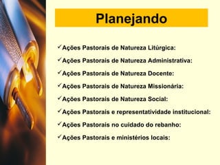 Planejando
Ações Pastorais de Natureza Litúrgica:
Ações Pastorais de Natureza Administrativa:
Ações Pastorais de Natureza Docente:
Ações Pastorais de Natureza Missionária:
Ações Pastorais de Natureza Social:
Ações Pastorais e representatividade institucional:
Ações Pastorais no cuidado do rebanho:
Ações Pastorais e ministérios locais:
 