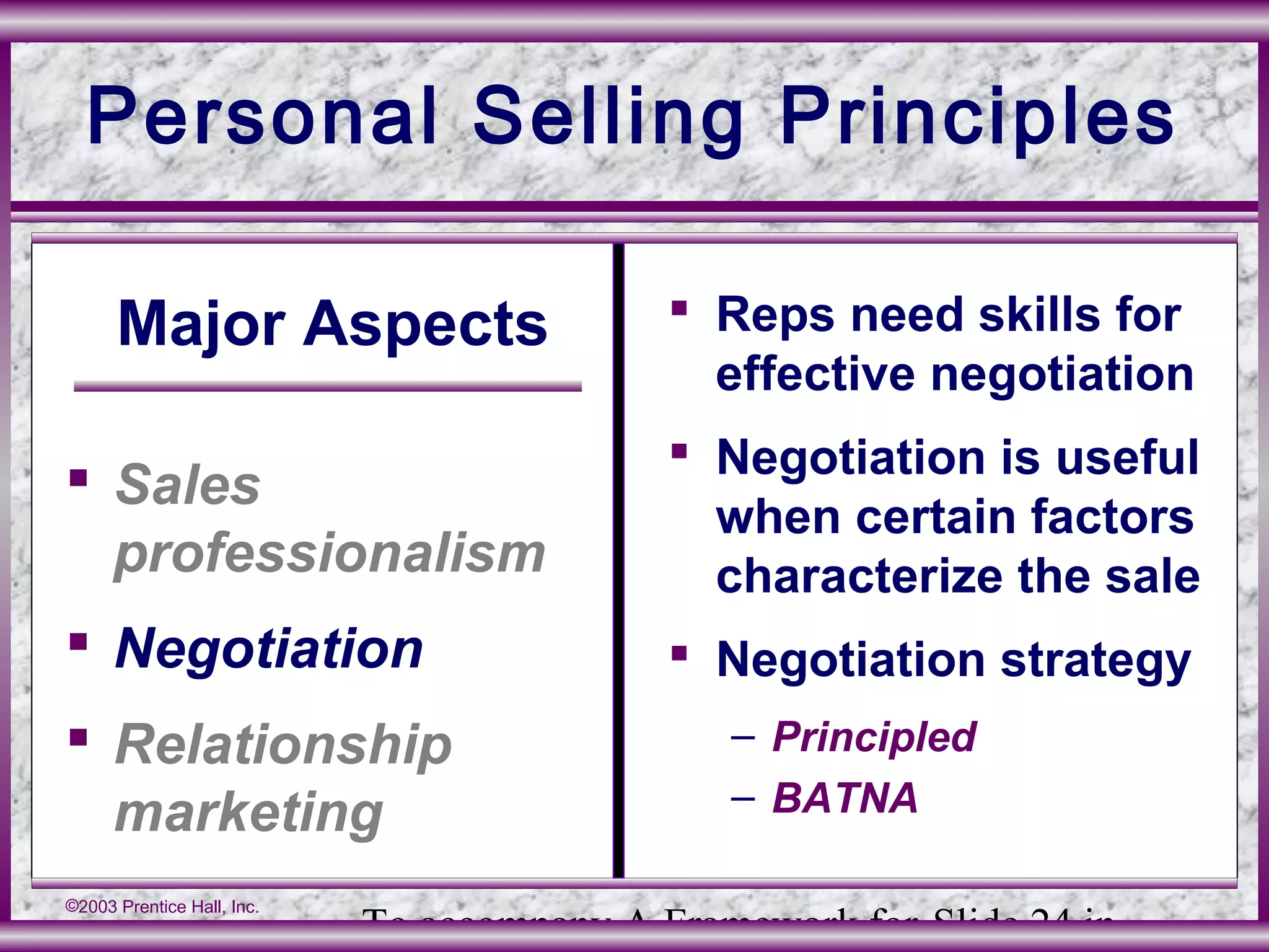 To accompany A Framework for Slide 24 in
©2003 Prentice Hall, Inc.
Personal Selling Principles
Major Aspects
 Sales
professionalism
 Negotiation
 Relationship
marketing
 Reps need skills for
effective negotiation
 Negotiation is useful
when certain factors
characterize the sale
 Negotiation strategy
– Principled
– BATNA
 