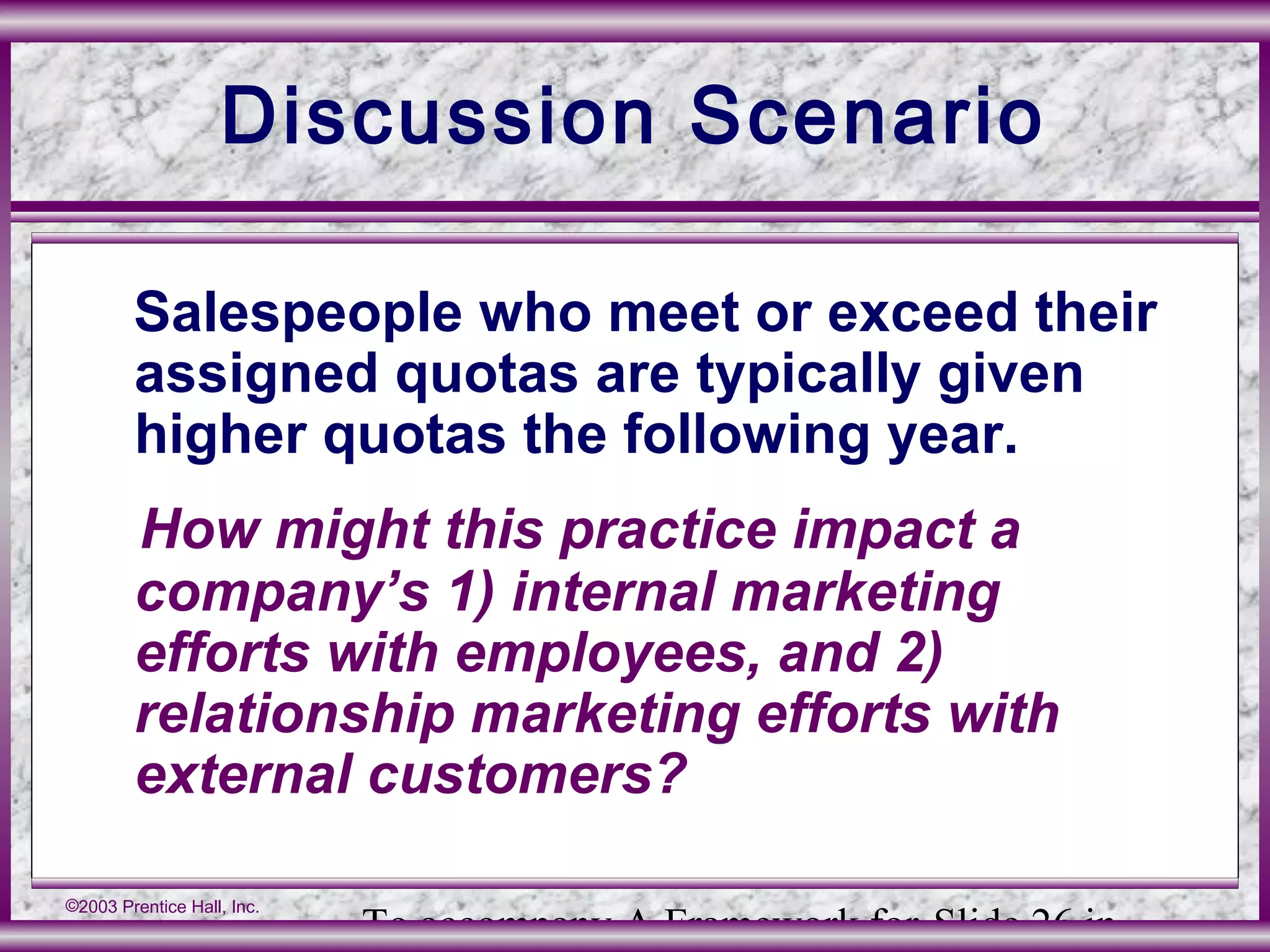 To accompany A Framework for Slide 26 in
©2003 Prentice Hall, Inc.
Discussion Scenario
Salespeople who meet or exceed their
assigned quotas are typically given
higher quotas the following year.
How might this practice impact a
company’s 1) internal marketing
efforts with employees, and 2)
relationship marketing efforts with
external customers?
 