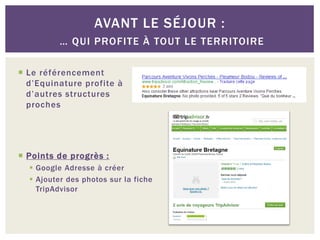 AVANT LE SÉJOUR :
          … QUI PROFITE À TOUT LE TERRITOIRE

 Le référencement
  d’Equinature profite à
  d’autres structures
  proches




 Points de progrès :
   Google Adresse à créer
   Ajouter des photos sur la fiche
    TripAdvisor
 