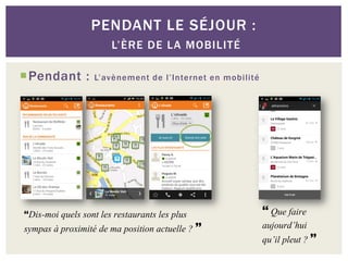 PENDANT LE SÉJOUR :
                       L’ÈRE DE LA MOBILITÉ

Pendant :        L’avènement de l’Internet en mobilité




Dis-moi quels sont les restaurants les plus               Que faire
sympas à proximité de ma position actuelle ?             aujourd’hui
                                                          qu’il pleut ? 
 