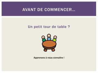 AVANT DE COMMENCER…


 Un petit tour de table ?




    Apprenons à nous connaître !
 