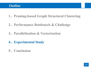 2
27
Outline
3、Parallelization & Vectorization
1、Pruning-based Graph Structural Clustering
2、Performance Bottleneck & Challenge
4、Experimental Study
5、Conclusion
 