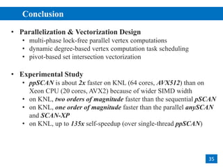 Conclusion
2
35
• Parallelization & Vectorization Design
• multi-phase lock-free parallel vertex computations
• dynamic degree-based vertex computation task scheduling
• pivot-based set intersection vectorization
• Experimental Study
• ppSCAN is about 2x faster on KNL (64 cores, AVX512) than on
Xeon CPU (20 cores, AVX2) because of wider SIMD width
• on KNL, two orders of magnitude faster than the sequential pSCAN
• on KNL, one order of magnitude faster than the parallel anySCAN
and SCAN-XP
• on KNL, up to 135x self-speedup (over single-thread ppSCAN)
 