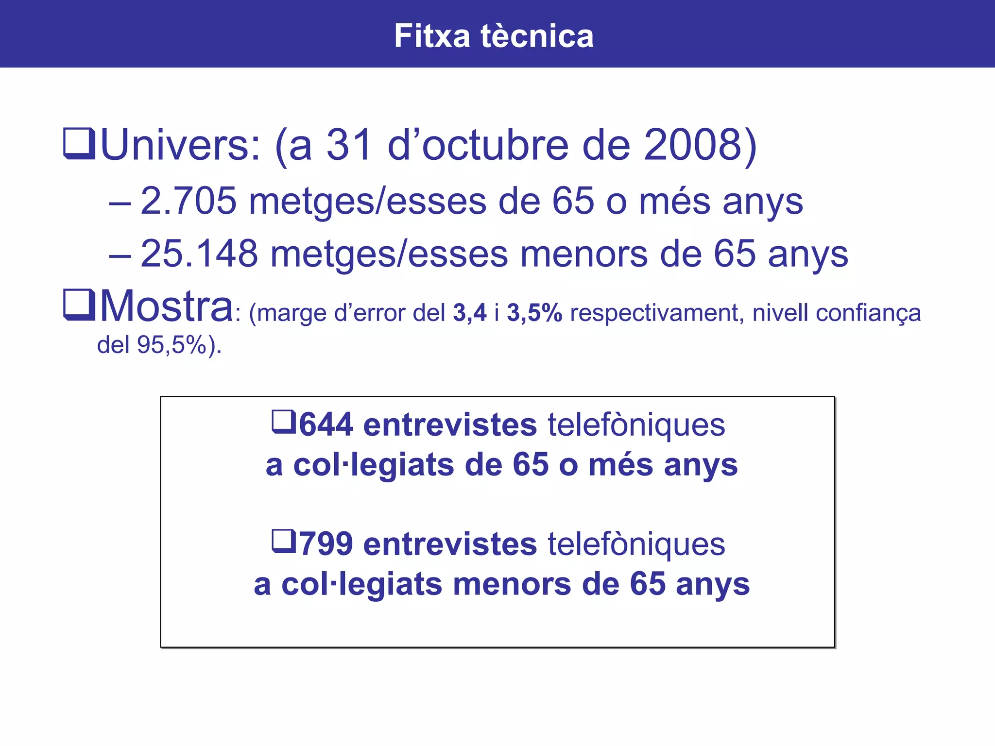 Univers: (a 31 d’octubre de 2008) 2.705 metges/esses de 65 o més anys 25.148 metges/esses menors de 65 anys Mostra : (marge d’error del  3,4  i  3,5%  respectivament, nivell confiança del 95,5%). Fitxa tècnica   644 entrevistes  telefòniques a col·legiats de 65 o més anys 799 entrevistes  telefòniques a col·legiats menors de 65 anys 