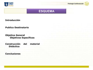 Fisiología Cardiovascular




                              ESQUEMA

Introducción


Publico Destinatario


Objetivo General
   Objetivos Específicos


Construcción   del     material
  Didáctico


Conclusiones
 
