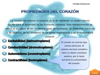 Fisiología Cardiovascular




    La función del sistema circulatorio es la de mantener un medio interno
  óptimo para el desarrollo de las funciones celulares. Este mantenimiento se
refiere al equilibrio de las concentraciones de hormonas, de productos nutritivos
 y de desecho, de las tensiones de los gases respiratorios y de la temperatura
                                    corporal.

                                                  El corazón se contrae bajo
                                                     ciertos estímulos. El
                                                  sistema nervioso simpático
                                                   tiene un efecto inotrópico
                                                     positivo, por lo tanto
                                                   aumenta la contractilidad
                                                         del corazón.




                                                                                          Inicio
 