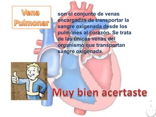 son el conjunto de venas
encargadas de transportar la
sangre oxigenada desde los
pulmones al corazón. Se trata
de las únicas venas del
organismo que transportan
sangre oxigenada.




                                Si
                                g
                                ui
                                e
 