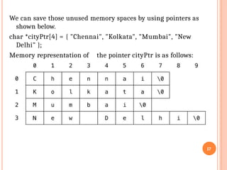 We can save those unused memory spaces by using pointers as
shown below.
char *cityPtr[4] = { "Chennai", "Kolkata", "Mumbai", "New
Delhi" };
Memory representation of the pointer cityPtr is as follows:
17
 