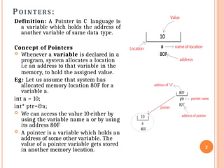POINTER S :
Definition: A Pointer in C language is
a variable which holds the address of
another variable of same data type.
Concept of Pointers
 Whenever a variable is declared in a
program, system allocates a location
i.e an address to that variable in the
memory, to hold the assigned value.
Eg: Let us assume that system has
allocated memory location 80F for a
variable a.
int a = 10;
int* ptr=&a;
 We can access the value 10 either by
using the variable name a or by using
its address 80F
 A pointer is a variable which holds an
address of some other variable. The
value of a pointer variable gets stored
in another memory location.
2
 