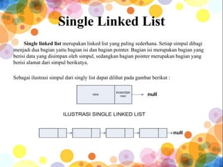 Single Linked List
Single linked list merupakan linked list yang paling sederhana. Setiap simpul dibagi
menjadi dua bagian yaitu bagian isi dan bagian pointer. Bagian isi merupakan bagian yang
berisi data yang disimpan oleh simpul, sedangkan bagian pointer merupakan bagian yang
berisi alamat dari simpul berikutya.
Sebagai ilustrasi simpul dari singly list dapat dilihat pada gambar berikut :
 