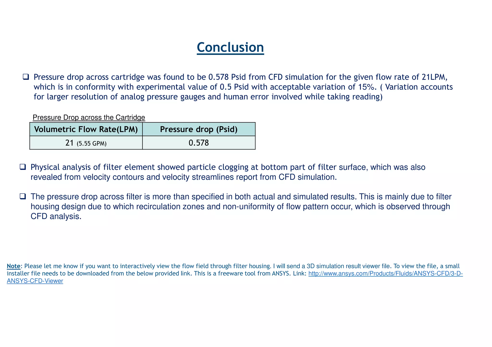 Streamlines through Filter Unit
Flow recirculation are observed at the inlet port and at top of
filter cartridge due to filter cap geometry.
Due to presence of knife edge support for filter cartridge
on filter cap, the flow streams at filter inlet gets
obstructed into two different steams, thus the flow
becomes more non-uniform across filter.
 