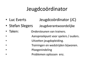 Jeugdcoördinator
• Luc Everts Jeugdcoördinator (JC)
• Stefan Slegers Jeugdverantwoordelijke
• Taken: Ondersteunen van trainers.
• Aanspreekpunt voor spelers / ouders.
• Uitzetten jeugdopleiding.
• Trainingen en wedstrijden bijwonen.
• Ploegenindeling
• Problemen oplossen enz.
 