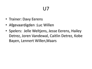 U7
• Trainer: Davy Eerens
• Afgevaardigden :Luc Willen
• Spelers: Jelle Weltjens, Jesse Eerens, Hailey
Detrez, Joren Vandewal, Caitlin Detrez, Kobe
Bayen, Lennert Willen,Waars
 
