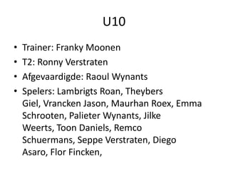 U10
• Trainer: Franky Moonen
• T2: Ronny Verstraten
• Afgevaardigde: Raoul Wynants
• Spelers: Lambrigts Roan, Theybers
Giel, Vrancken Jason, Maurhan Roex, Emma
Schrooten, Palieter Wynants, Jilke
Weerts, Toon Daniels, Remco
Schuermans, Seppe Verstraten, Diego
Asaro, Flor Fincken,
 