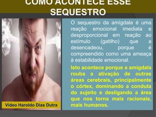 COMO ACONTECE ESSE
SEQUESTRO
 O sequestro da amígdala é uma
reação emocional imediata e
desproporcional em reação ao
estímulo (gatilho) que a
desencadeou, porque é
compreendido como uma ameaça
à estabilidade emocional.
 Isto acontece porque a amígdala
rouba a ativação de outras
áreas cerebrais, principalmente
o córtex, dominando a conduta
do sujeito e desligando a área
que nos torna mais racionais,
mais humanos.
Vídeo Haroldo Dias Dutra
 