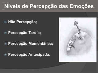 Níveis de Percepção das Emoções
 Não Percepção;
 Percepção Tardia;
 Percepção Momentânea;
 Percepção Antecipada.
 