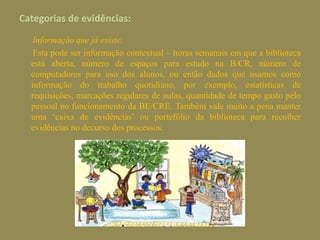 No final dos quatro anos todos os domínios terão de estar avaliados, estando nesse momento a BE e a Escola na posse de dados que cobrem todas as áreas de intervenção. Identificar o perfil de desempenho:      Os resultados da análise efectuada serão depois confrontados com os perfis de desempenho apresentados para cada um dos domínios, no sentido de verificar em que nível se situará a biblioteca escolar.       Dever-se-á ter aqui em conta que a observação  registada se situa num determinado nível de desempenho se cumprir, pelo menos, 4 em 5, 5 em 6, 6 em 7, de acordo com o número de descritores apresentados para caracterizar cada um dos níveis.