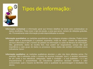 fontes variadas:         • documentos já existentes e que regulam a actividade da escola (PEE, PCT, etc.) ou da BE (Plano de  Actividades, regulamento, etc.);        • registos diversos (actas de reuniões, relatos de actividades, etc.);        • materiais produzidos pela BE ou em colaboração (planos de trabalho, planificações para sessões na BE,  documentos de apoio ao trabalho na BE, material de promoção, etc.);        • estatísticas produzidas pelo sistema da BE (requisições, etc.);         • trabalhos realizados pelos alunos (no âmbito de actividades da BE, em trabalho colaborativo, etc.);         • instrumentos especificamente construídos para recolher informação no âmbito da avaliação da BE (registos de observação, questionários, entrevistas, etc.).