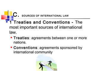 C. SOURCES OF INTERNATIONAL LAW
 1 Treaties and Conventions - The
most important sources of international
law.
 Treaties: agreements between one or more
nations.
 Conventions: agreements sponsored by
international community
 
