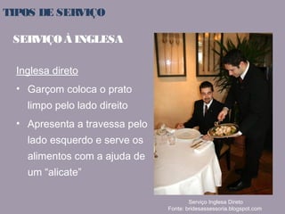 TIPOS DE SERVIÇO 
Inglesa direto 
• Garçom coloca o prato 
limpo pelo lado direito 
• Apresenta a travessa pelo 
lado esquerdo e serve os 
alimentos com a ajuda de 
um “alicate” 
Serviço Inglesa Direto 
Fonte: bridesassessoria.blogspot.com 
SERVIÇO À INGLESA 
 
