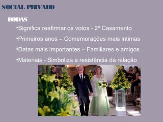 SOCIAL PRIVADO 
BODAS 
•Significa reafirmar os votos - 2º Casamento 
•Primeiros anos – Comemorações mais intimas 
•Datas mais importantes – Familiares e amigos 
•Materiais - Simboliza a resistência da relação 
 
