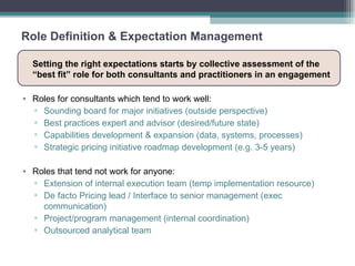 Role Definition & Expectation Management Setting the right expectations starts by collective assessment of the “best fit” role for both consultants and practitioners in an engagement Roles for consultants which tend to work well: Sounding board for major initiatives (outside perspective) Best practices expert and advisor (desired/future state) Capabilities development & expansion (data, systems, processes) Strategic pricing initiative roadmap development (e.g. 3-5 years) Roles that tend not work for anyone: Extension of internal execution team (temp implementation resource) De facto Pricing lead / Interface to senior management (exec communication) Project/program management (internal coordination) Outsourced analytical team  