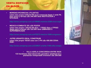 VENTA EDIFICIOS EN BLOCK MORENO-PICHINCHA 2 PLANTAS sobre lote propio 8,66x24 PB local comercial depto 3 amb PA piso único y terraza u$s 240.000 ideal INSTITUCION u OFICINAS http://aviso.zonaprop.com.ar/196083-moreno-2300-once-capital-federal MEXICO-COMBATE DE LOS POZOS sobre lote propio 7,80x26 PB libre – 1ºPISO libre y 2ºPISO depto para vivienda u$s 320.000 ideal GIMNASIO o SUPERMERCADO http://aviso.zonaprop.com.ar/470272-mexico-1800-congreso-capital-federal JUFRE-URIARTE IDEAL CONSTRUIR sobre lote propio 10X30 casa con 3 PH u$s 450.000 ZONA R2B1 http://aviso.zonaprop.com.ar/230637-uriarte-1100-villa-crespo-capital-federal VILLA ADELA-CONCORDIA-ENTRE RIOS 133 hectáreas ideal desarrollo ganadero aptofeed lot o plantación inmejorable inversion u$s 200.000 