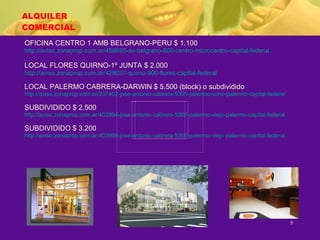ALQUILER COMERCIAL OFICINA CENTRO 1 AMB BELGRANO-PERU $ 1.100 http://aviso.zonaprop.com.ar/458695-av-belgrano-600-centro-microcentro-capital-federal LOCAL FLORES QUIRNO-1º JUNTA $ 2.000 http://aviso.zonaprop.com.ar/428037-quirno-900-flores-capital-federal LOCAL PALERMO CABRERA-DARWIN $ 5.500 (block) o subdividido http://aviso.zonaprop.com.ar/237402-jose-antonio-cabrera-5300-palermo-soho-palermo-capital-federal SUBDIVIDIDO $ 2.500 http://aviso.zonaprop.com.ar/403994-jose-antonio-cabrera-5300-palermo-viejo-palermo-capital-federal SUBDIVIDIDO $ 3.200 http://aviso.zonaprop.com.ar/403998-jose-antonio-cabrera-5300-palermo-viejo-palermo-capital-federal 