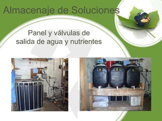 Almacenaje de Soluciones

      Panel y válvulas de
  salida de agua y nutrientes
 