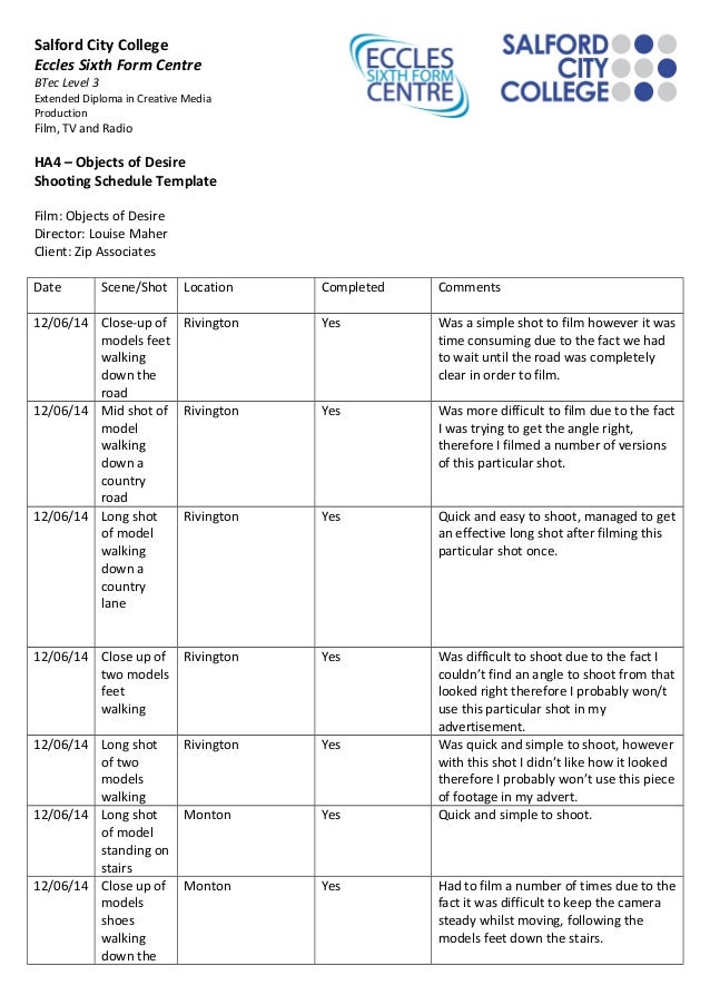 pp shooting schedule template
