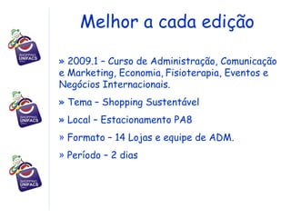 Melhor a cada edição   2009.1 – Curso de Administração, Comunicação e Marketing, Economia,   Fisioterapia, Eventos e Negócios Internacionais. Tema – Shopping Sustentável Local – Estacionamento PA8  Formato – 14 Lojas e equipe de ADM. Período – 2 dias 