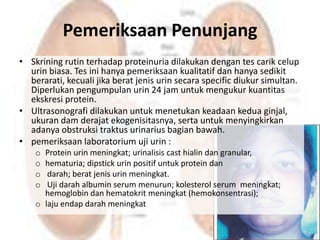 Pemeriksaan Penunjang
• Skrining rutin terhadap proteinuria dilakukan dengan tes carik celup
  urin biasa. Tes ini hanya pemeriksaan kualitatif dan hanya sedikit
  berarati, kecuali jika berat jenis urin secara specific diukur simultan.
  Diperlukan pengumpulan urin 24 jam untuk mengukur kuantitas
  ekskresi protein.
• Ultrasonografi dilakukan untuk menetukan keadaan kedua ginjal,
  ukuran dam derajat ekogenisitasnya, serta untuk menyingkirkan
  adanya obstruksi traktus urinarius bagian bawah.
• pemeriksaan laboratorium uji urin :
    o Protein urin meningkat; urinalisis cast hialin dan granular,
    o hematuria; dipstick urin positif untuk protein dan
    o  darah; berat jenis urin meningkat.
    o  Uji darah albumin serum menurun; kolesterol serum meningkat;
      hemoglobin dan hematokrit meningkat (hemokonsentrasi);
    o laju endap darah meningkat
 