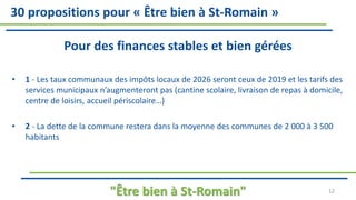 30 propositions pour « Être bien à St-Romain »
Pour des finances stables et bien gérées
• 1 - Les taux communaux des impôts locaux de 2026 seront ceux de 2019 et les tarifs des
services municipaux n’augmenteront pas (cantine scolaire, livraison de repas à domicile,
centre de loisirs, accueil périscolaire…)
• 2 - La dette de la commune restera dans la moyenne des communes de 2 000 à 3 500
habitants
"Être bien à St-Romain" 12
 