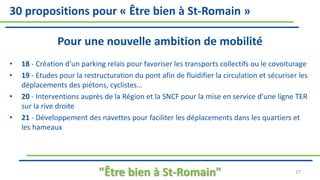 30 propositions pour « Être bien à St-Romain »
Pour une nouvelle ambition de mobilité
• 18 - Création d’un parking relais pour favoriser les transports collectifs ou le covoiturage
• 19 - Etudes pour la restructuration du pont afin de fluidifier la circulation et sécuriser les
déplacements des piétons, cyclistes…
• 20 - Interventions auprès de la Région et la SNCF pour la mise en service d'une ligne TER
sur la rive droite
• 21 - Développement des navettes pour faciliter les déplacements dans les quartiers et
les hameaux
"Être bien à St-Romain" 17
 