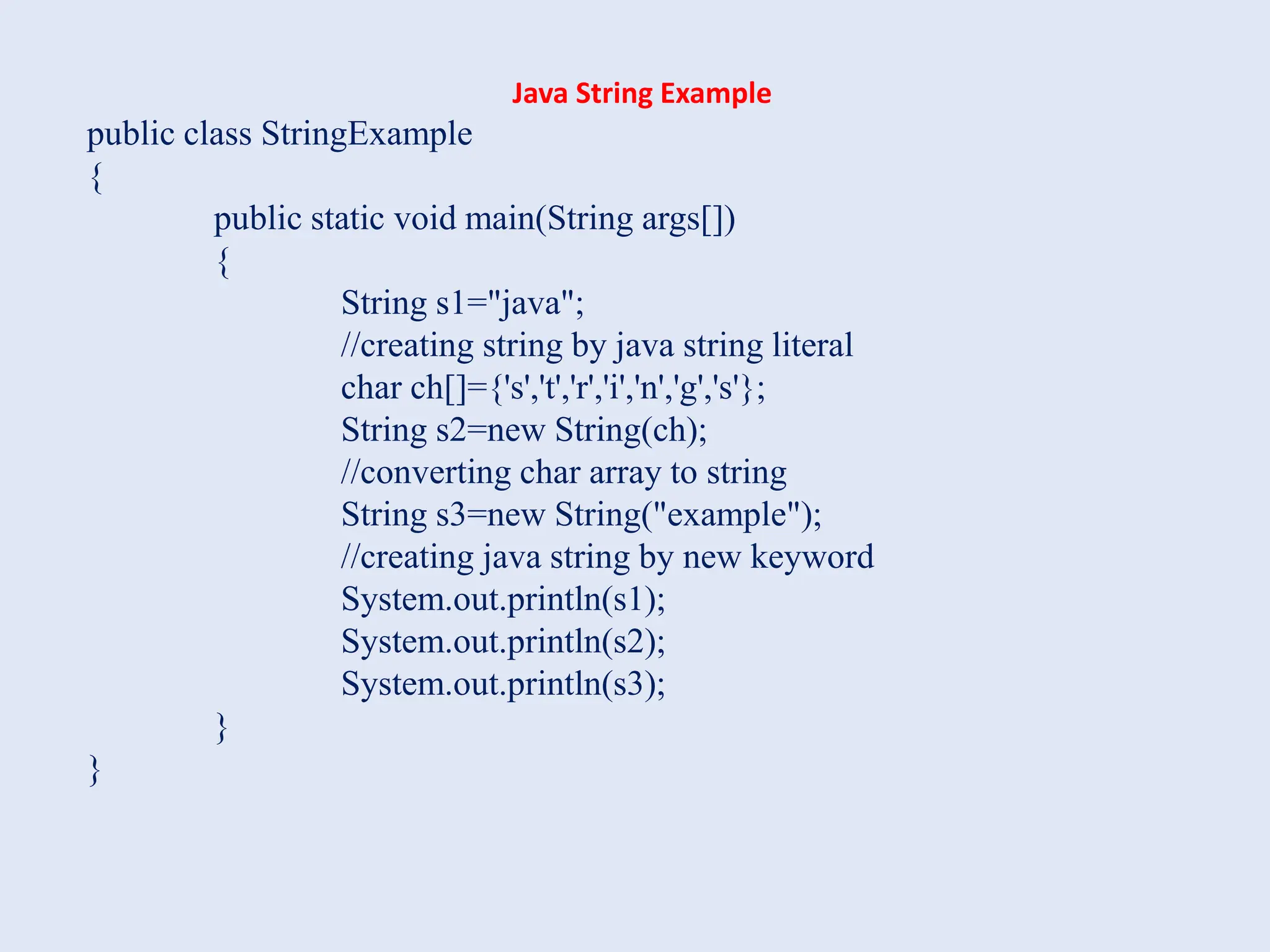 Java String Example public class StringExample { public static void main(String args[]) { String s1="java"; //creating string by java string literal char ch[]={'s','t','r','i','n','g','s'}; String s2=new String(ch); //converting char array to string String s3=new String("example"); //creating java string by new keyword System.out.println(s1); System.out.println(s2); System.out.println(s3); } } 