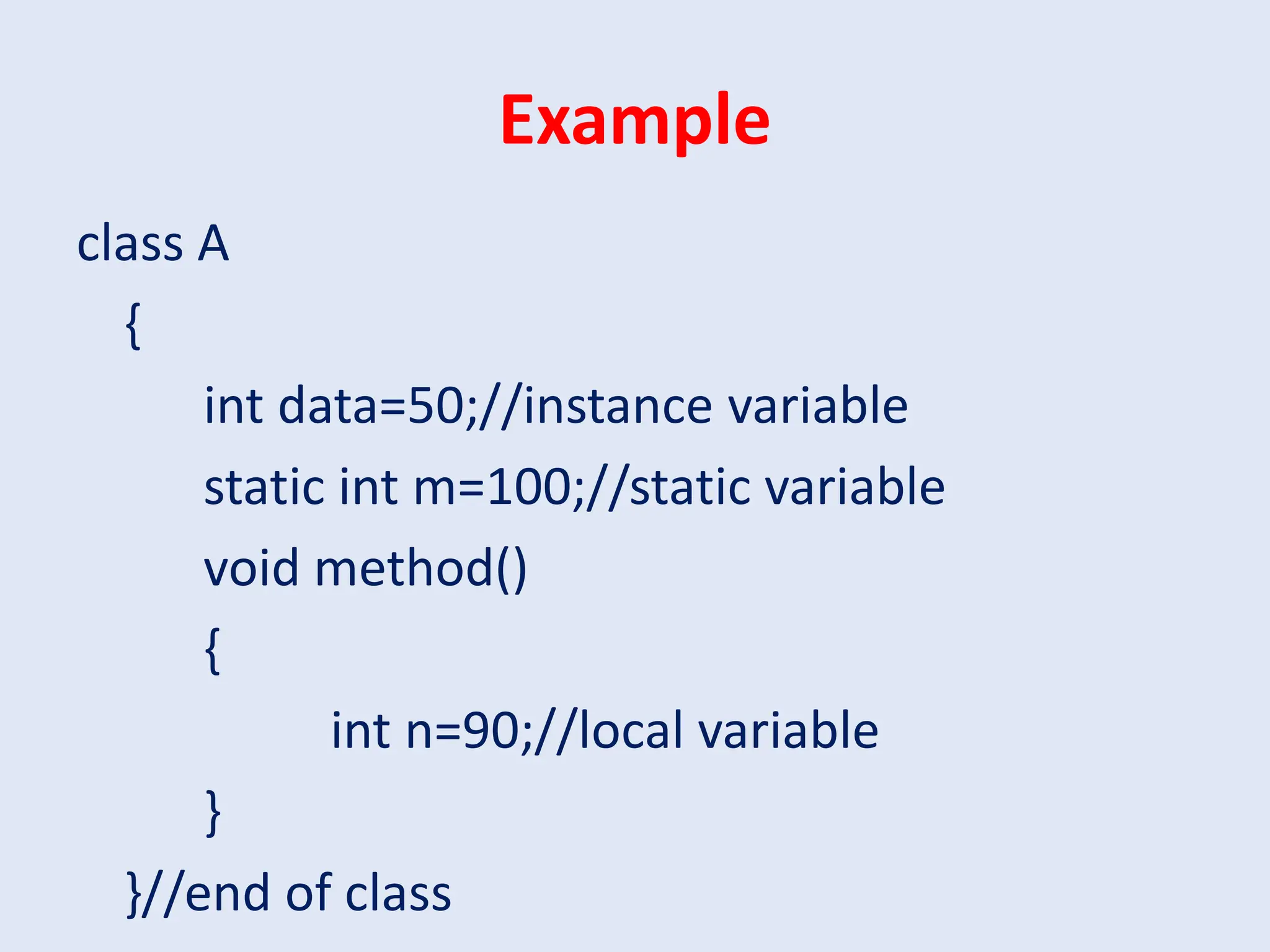 Example class A { int data=50;//instance variable static int m=100;//static variable void method() { int n=90;//local variable } }//end of class 