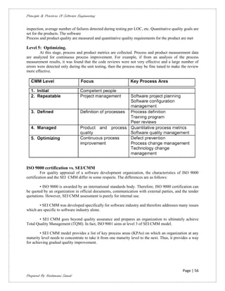 Principle & Practices Of Software Engineering


inspection, average number of failures detected during testing per LOC, etc. Quantitative quality goals are
set for the products. The software
Process and product quality are measured and quantitative quality requirements for the product are met

Level 5: Optimizing.
        At this stage, process and product metrics are collected. Process and product measurement data
are analyzed for continuous process improvement. For example, if from an analysis of the process
measurement results, it was found that the code reviews were not very effective and a large number of
errors were detected only during the unit testing, then the process may be fine tuned to make the review
more effective.




ISO 9000 certification vs. SEI/CMM
         For quality appraisal of a software development organization, the characteristics of ISO 9000
certification and the SEI CMM differ in some respects. The differences are as follows:

        • ISO 9000 is awarded by an international standards body. Therefore, ISO 9000 certification can
be quoted by an organization in official documents, communication with external parties, and the tender
quotations. However, SEI CMM assessment is purely for internal use.

       • SEI CMM was developed specifically for software industry and therefore addresses many issues
which are specific to software industry alone.

       • SEI CMM goes beyond quality assurance and prepares an organization to ultimately achieve
Total Quality Management (TQM). In fact, ISO 9001 aims at level 3 of SEI CMM model.

        • SEI CMM model provides a list of key process areas (KPAs) on which an organization at any
maturity level needs to concentrate to take it from one maturity level to the next. Thus, it provides a way
for achieving gradual quality improvement.




                                                                                                 Page | 56
Prepared By Neelamani Samal
 