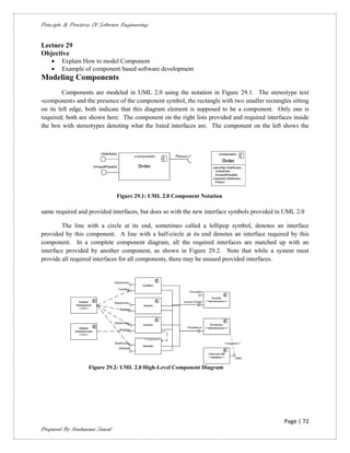Principle & Practices Of Software Engineering


Lecture 29
Objective
       Explain How to model Component
       Example of component based software development
Modeling Components
         Components are modeled in UML 2.0 using the notation in Figure 29.1. The stereotype text
«component» and the presence of the component symbol, the rectangle with two smaller rectangles sitting
on its left edge, both indicate that this diagram element is supposed to be a component. Only one is
required; both are shown here. The component on the right lists provided and required interfaces inside
the box with stereotypes denoting what the listed interfaces are. The component on the left shows the




                               Figure 29.1: UML 2.0 Component Notation

same required and provided interfaces, but does so with the new interface symbols provided in UML 2.0

        The line with a circle at its end, sometimes called a lollipop symbol, denotes an interface
provided by this component. A line with a half-circle at its end denotes an interface required by this
component. In a complete component diagram, all the required interfaces are matched up with an
interface provided by another component, as shown in Figure 29.2. Note that while a system must
provide all required interfaces for all components, there may be unused provided interfaces.




                    Figure 29.2: UML 2.0 High-Level Component Diagram




                                                                                             Page | 72
Prepared By Neelamani Samal
 