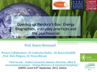 Opening up Pandora’s Box: Energy
Biographies, everyday practices and
the psychosocial
Prof. Karen Henwood
Project Collaborators: Dr Catherine Butler , Dr Karen Parkhill
, Prof. Nick Pidgeon, Dr Fiona Shirani
“How we talk…Implicit connection between discourse, affect &
conversational practice – Energy Behaviour & Individual Complexity ”
UKERC event 5-6th September, 2013, Oxford
 
