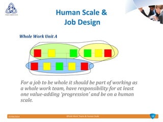 1807/04/2014 Whole Work Teams & Human Scale
Human Scale &
Job Design
Whole Work Unit A
For a job to be whole it should be part of working as
a whole work team, have responsibility for at least
one value-adding ‘progression’ and be on a human
scale.
 
