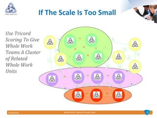 907/04/2014 Whole Work Teams & Human Scale
If The Scale Is Too Small
10
11
10
10
10
1011
1312
8
9
5
6
8
1
3
2
3
3
3
3
4
4
3
3
3
2
2
1
3
1
3
2 3
6
8
Use Tricord
Scoring To Give
Whole Work
Teams A Cluster
of Related
Whole Work
Units
 
